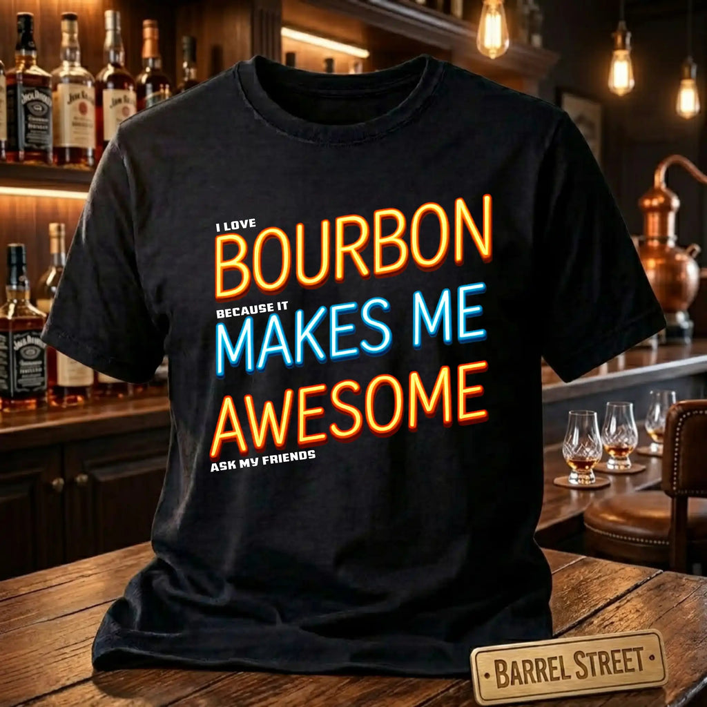 Black t-shirt with colorful text 'I love bourbon because it makes me awesome, ask my friends' on a bar background.