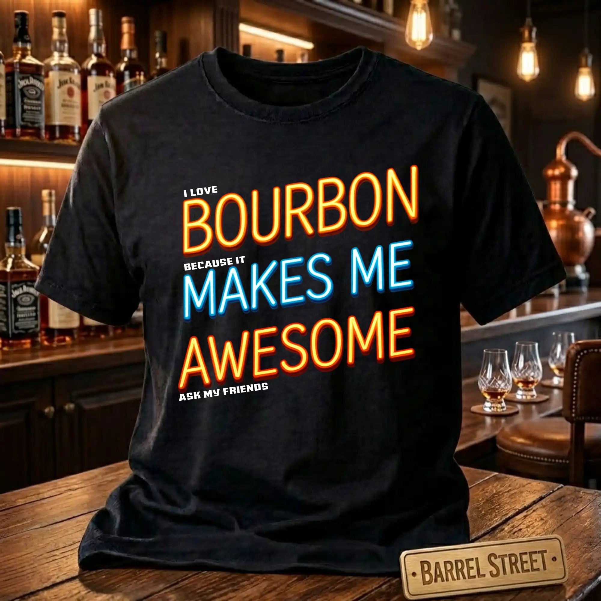 Black t-shirt with colorful text 'I love bourbon because it makes me awesome, ask my friends' on a bar background.