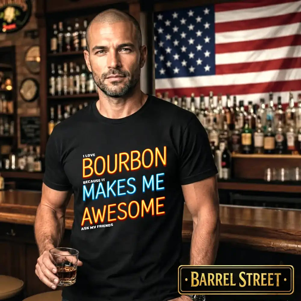 Man wearing a black t-shirt with 'Bourbon Makes Me Awesome' text, holding a glass in a bar setting with an American flag.