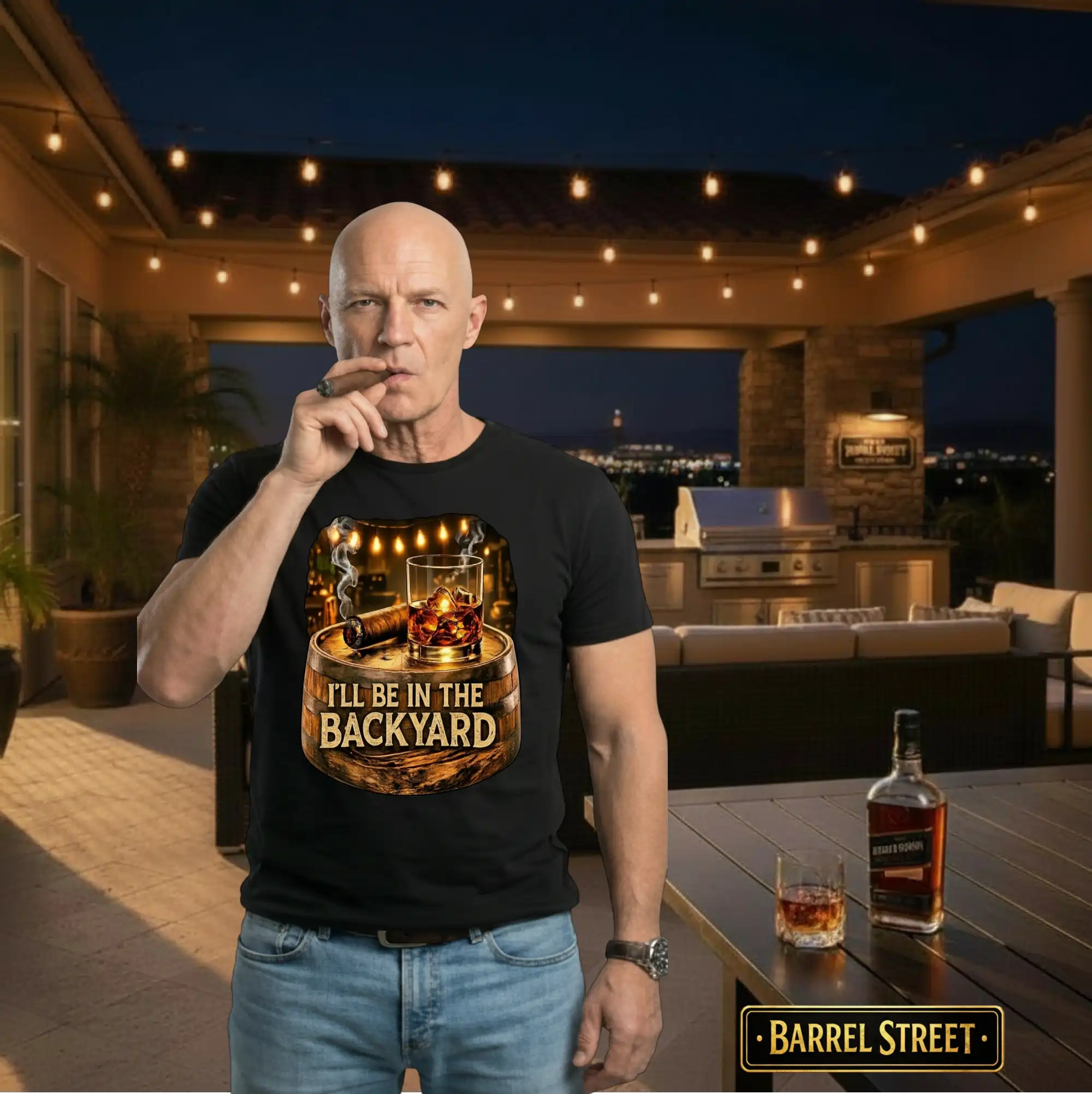 Front black t-shirt-bourbon-cigars-big-and-tall