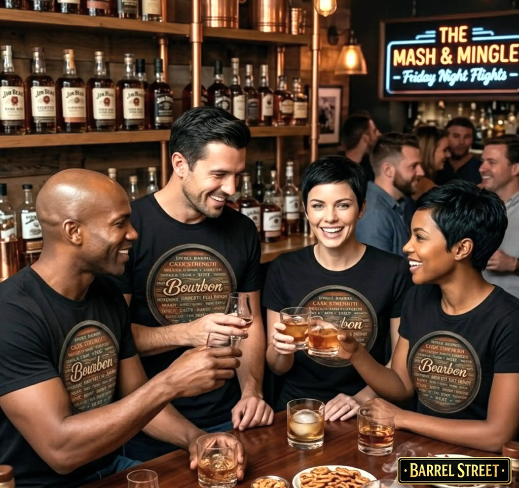 Group of people enjoying drinks together in a bar, wearing Bourbon-themed shirts, Big and Tall.