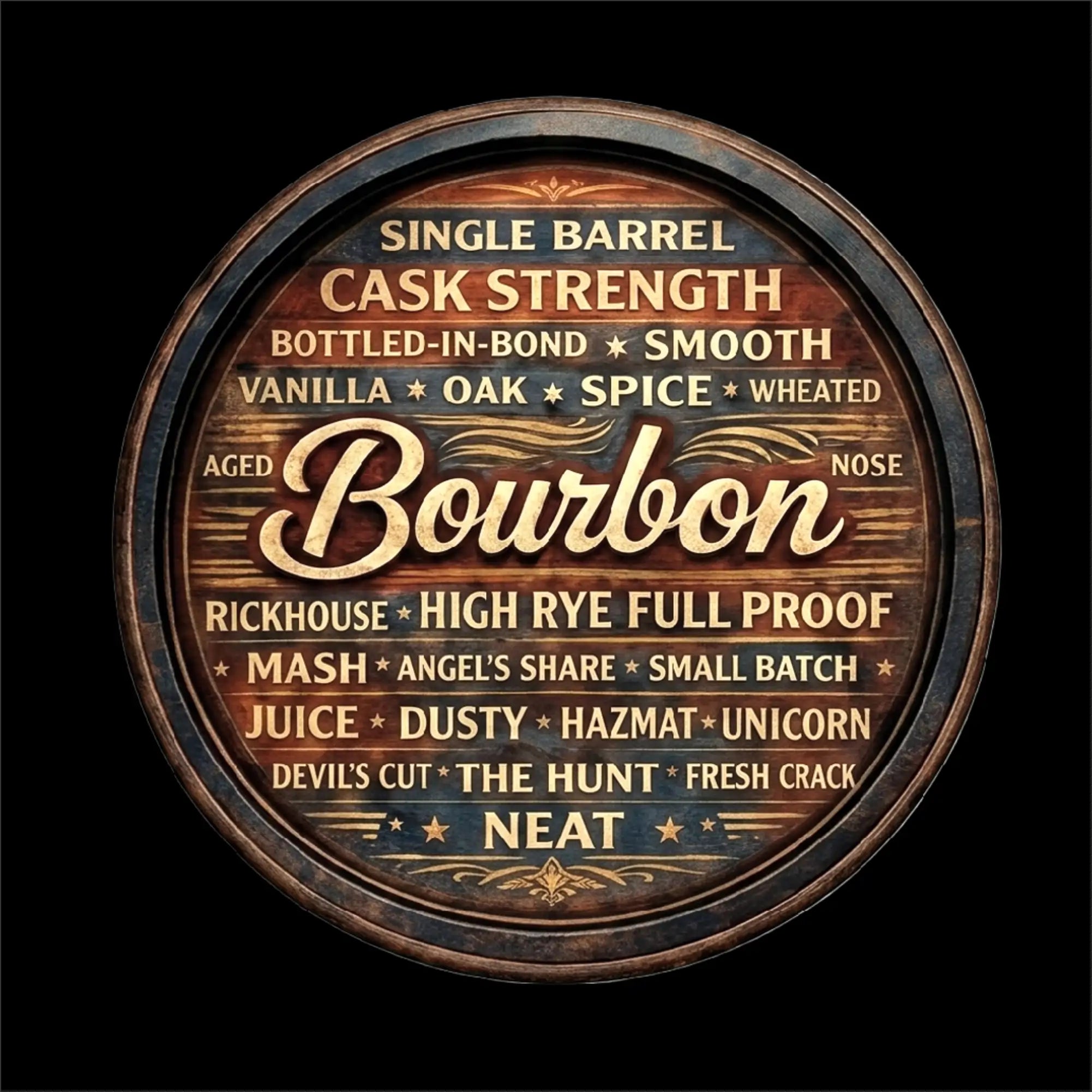 Decorative sign with text about single barrel cask strength bourbon on a dark background, Big and Tall.
