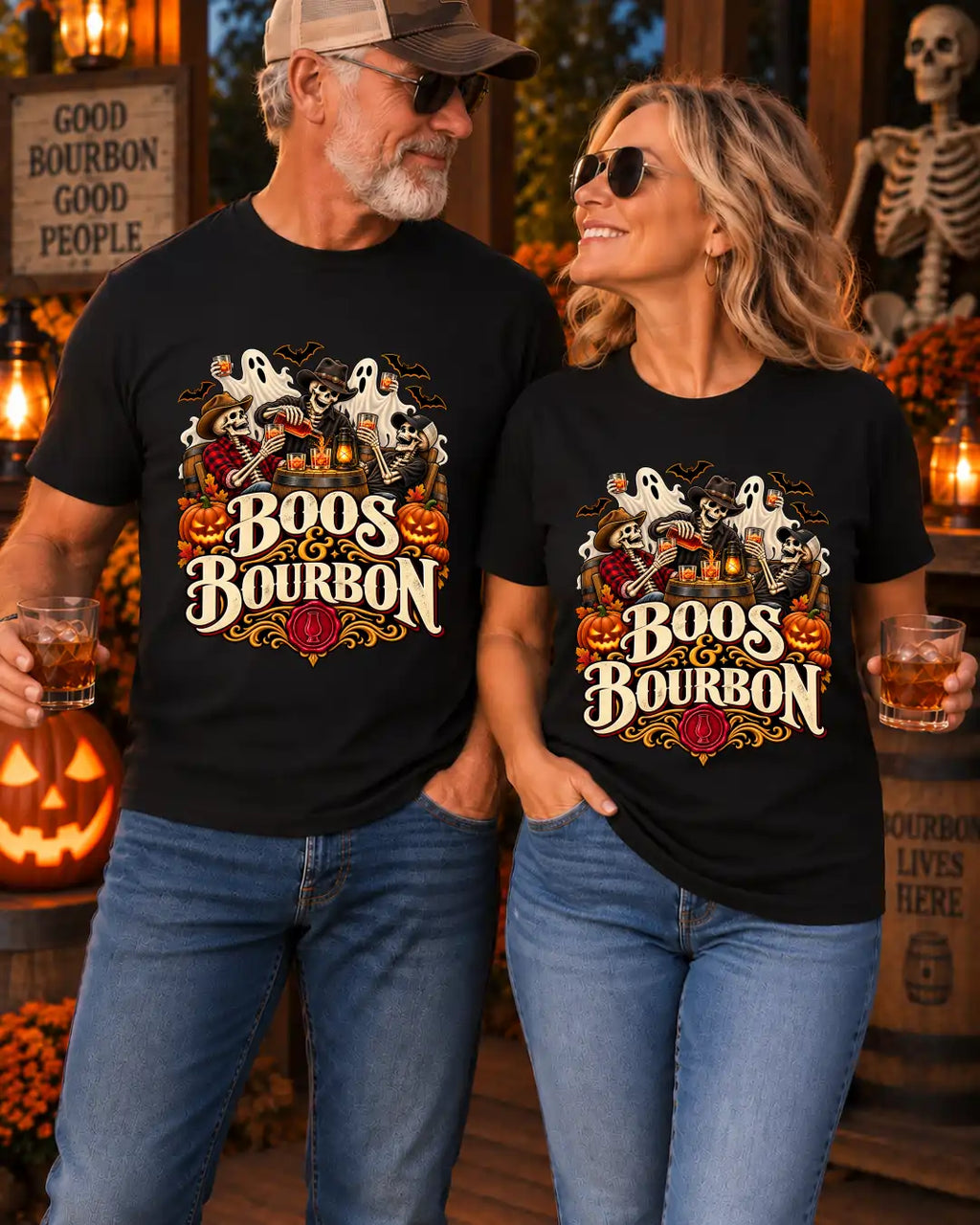 A man and a woman wearing matching black graphic t-shirts with a Halloween design that reads 'Boos Bourbon' in cream lettering, surrounded by ghosts, pumpkins, and a red heart. They are standing in a rustic Halloween-themed setting with candles, a skeleton, and jack-o'-lanterns.