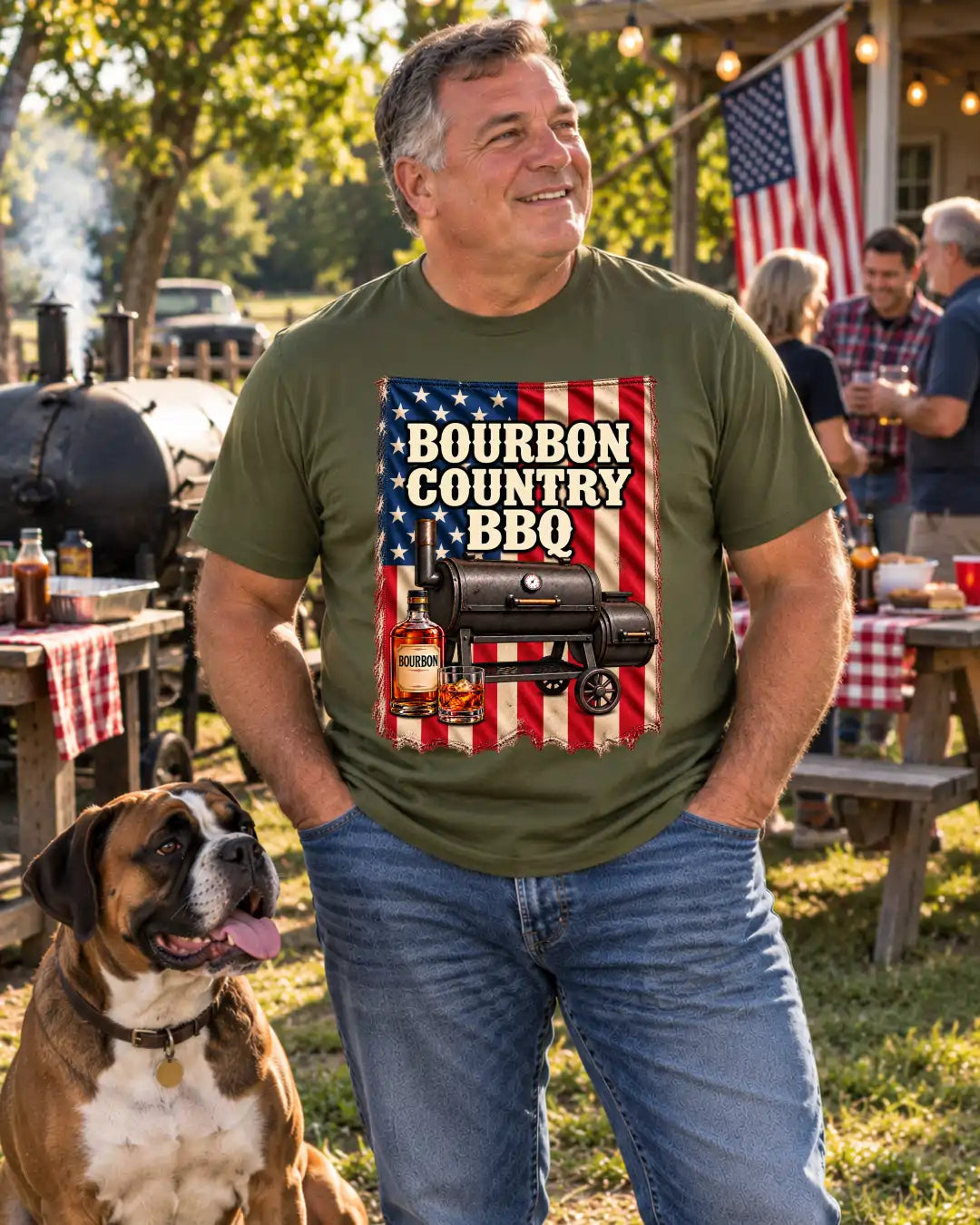 A man wearing an olive green t-shirt with a 'Bourbon Country BBQ' graphic print, standing outdoors at a backyard barbecue with a dog and other people in the background.