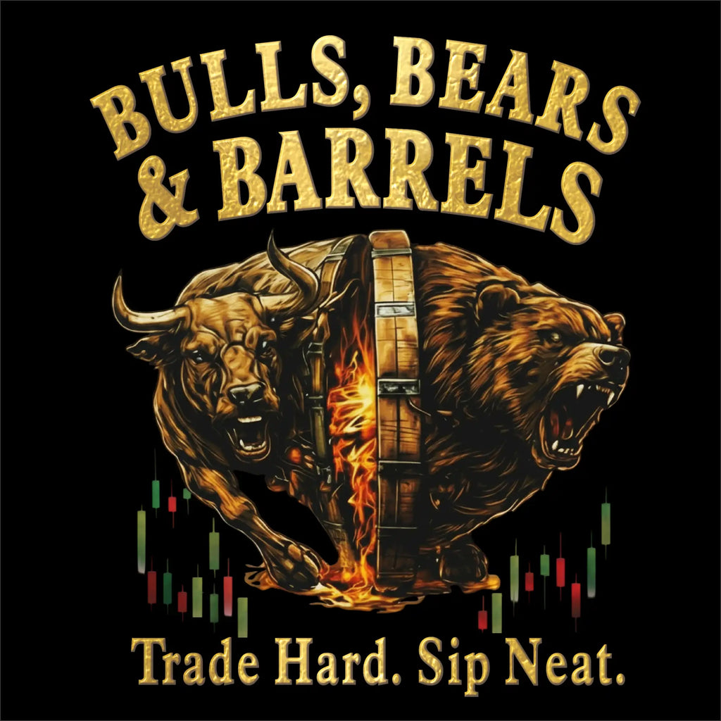 T-shirt design with a bull and bear graphic and 'Bulls, Bears & Barrels' text on a black background.
