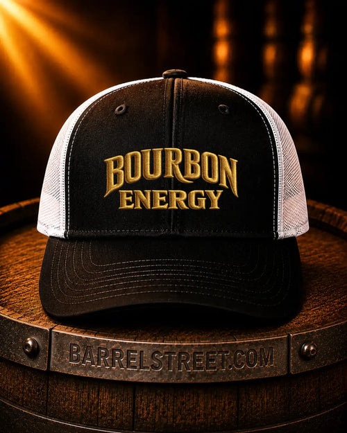 A black and white trucker hat with 'BOURBON ENERGY' embroidered in gold on the front, displayed on a wooden barrel with a dark, warm background.