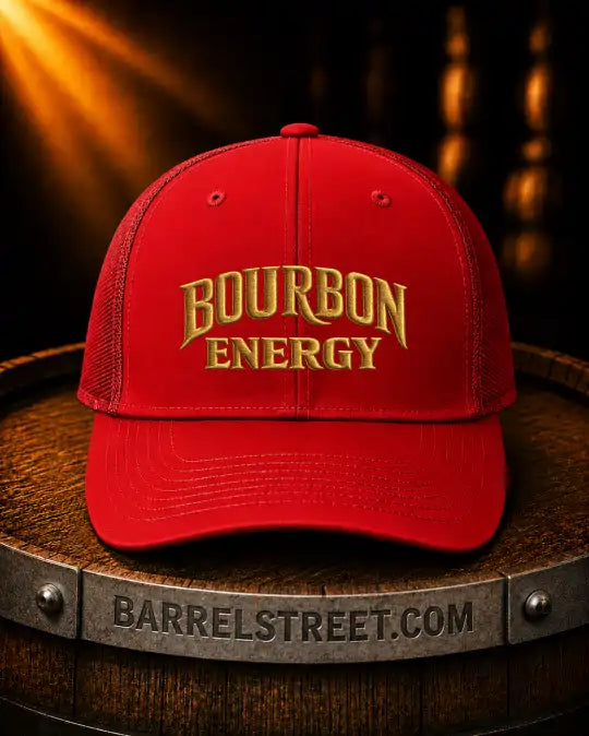 A red baseball cap with gold embroidered text reading 'BOURBON ENERGY' sits on a wooden barrel. The barrel has a metal band engraved with 'BARRELSTREET.