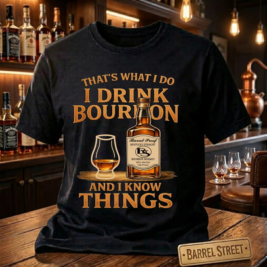 Black t-shirt with bourbon graphic and text in a bar setting