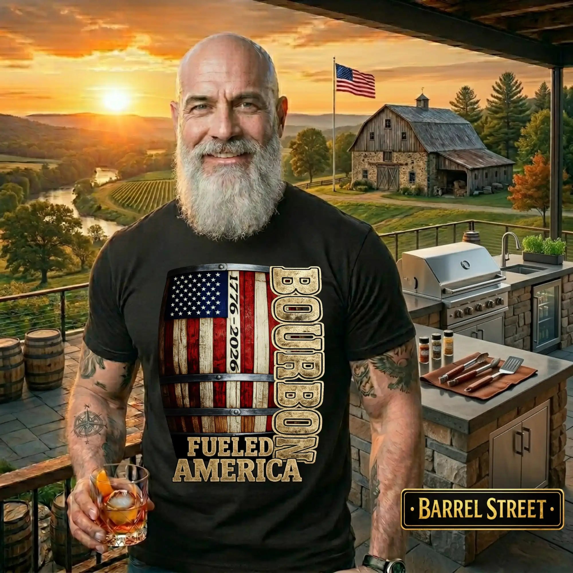 Man wearing a 'Bourbon Fueled America' t-shirt in an outdoor setting with a sunset and barn.
