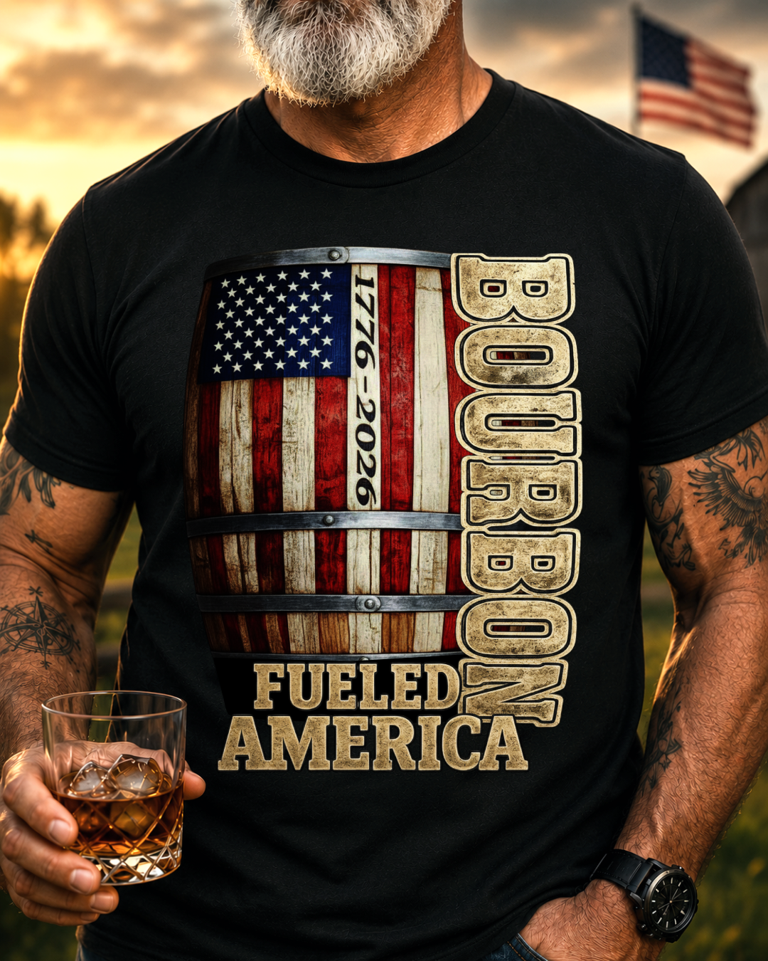 Bourbon Fueled America Patriotic Graphic T-Shirt - 250 Years of Freedom
