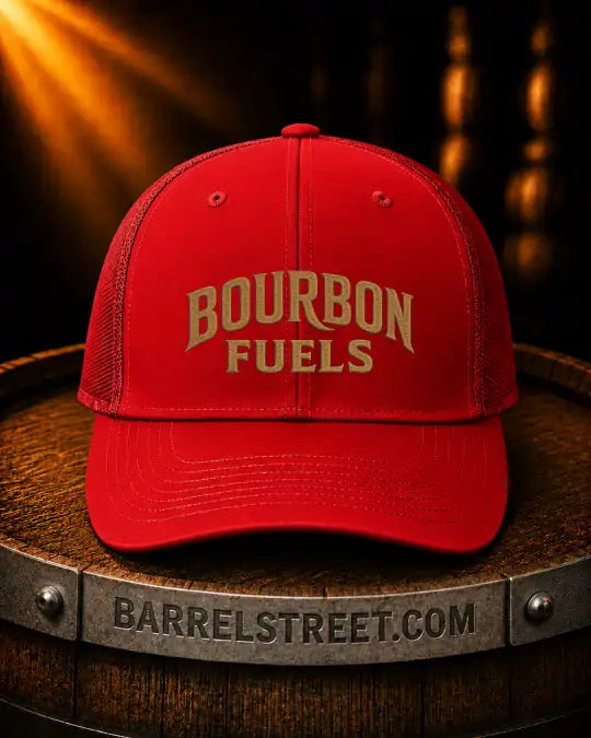 A red trucker-style baseball cap with 'BOURBON FUELS' embroidered in gold on the front, displayed on a wooden barrel with a metal band reading 'BARRELTREET.COM'.