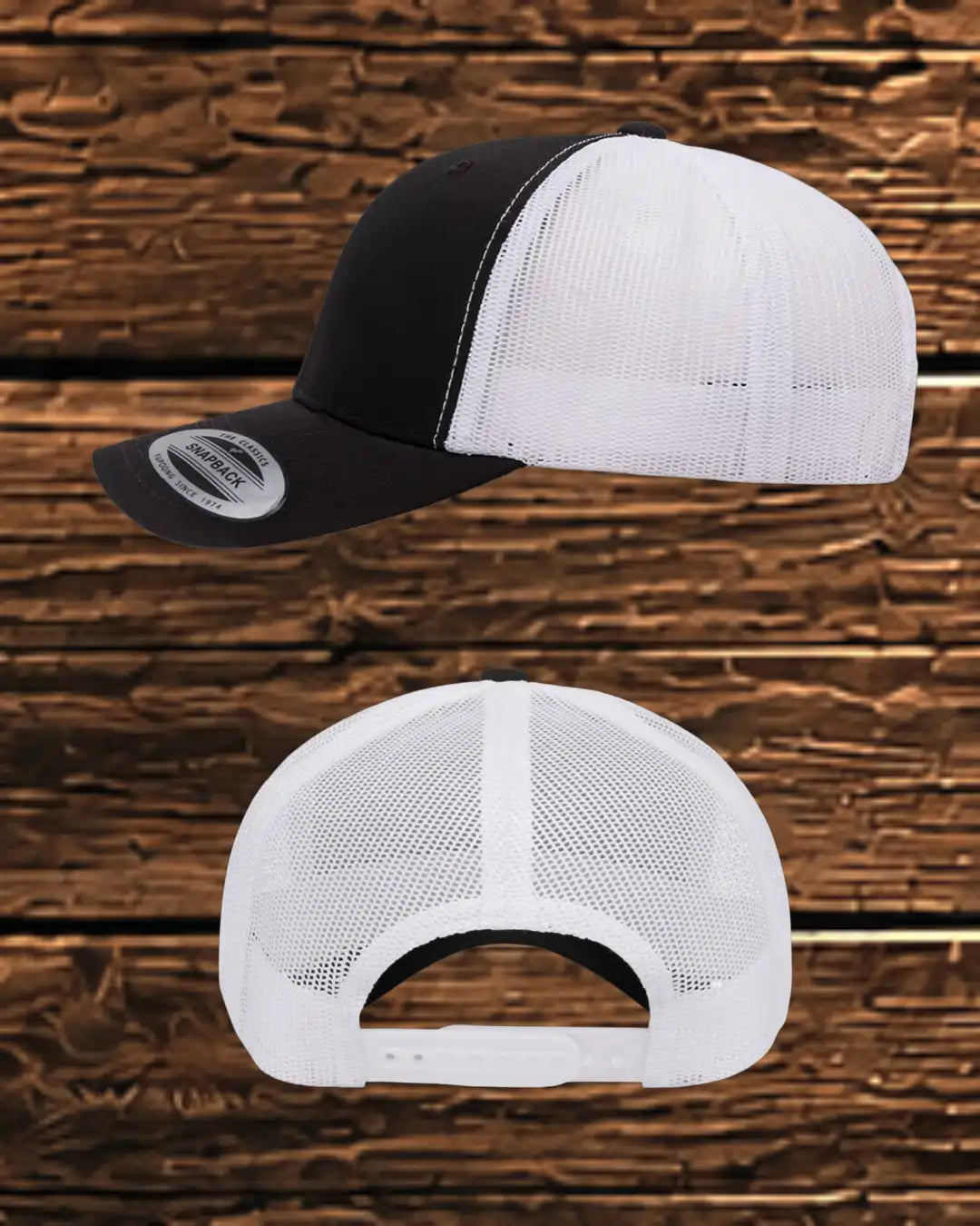A black and white trucker hat shown from two angles against a rustic wooden background. The top view shows the front and side with a black brim and black front panel, while the bottom view shows the white mesh back.