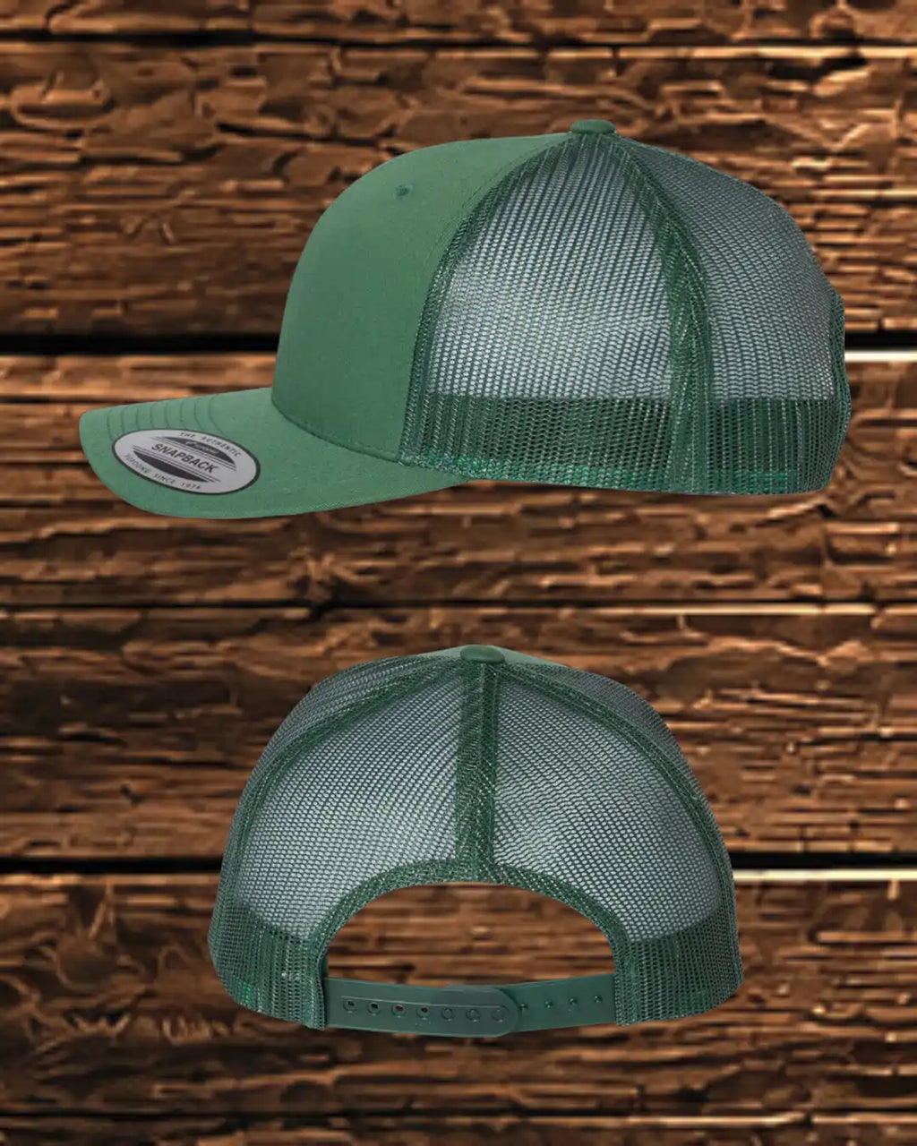 A green trucker-style baseball cap shown from both the front-three-quarter and back views against a rustic brown wood plank background.