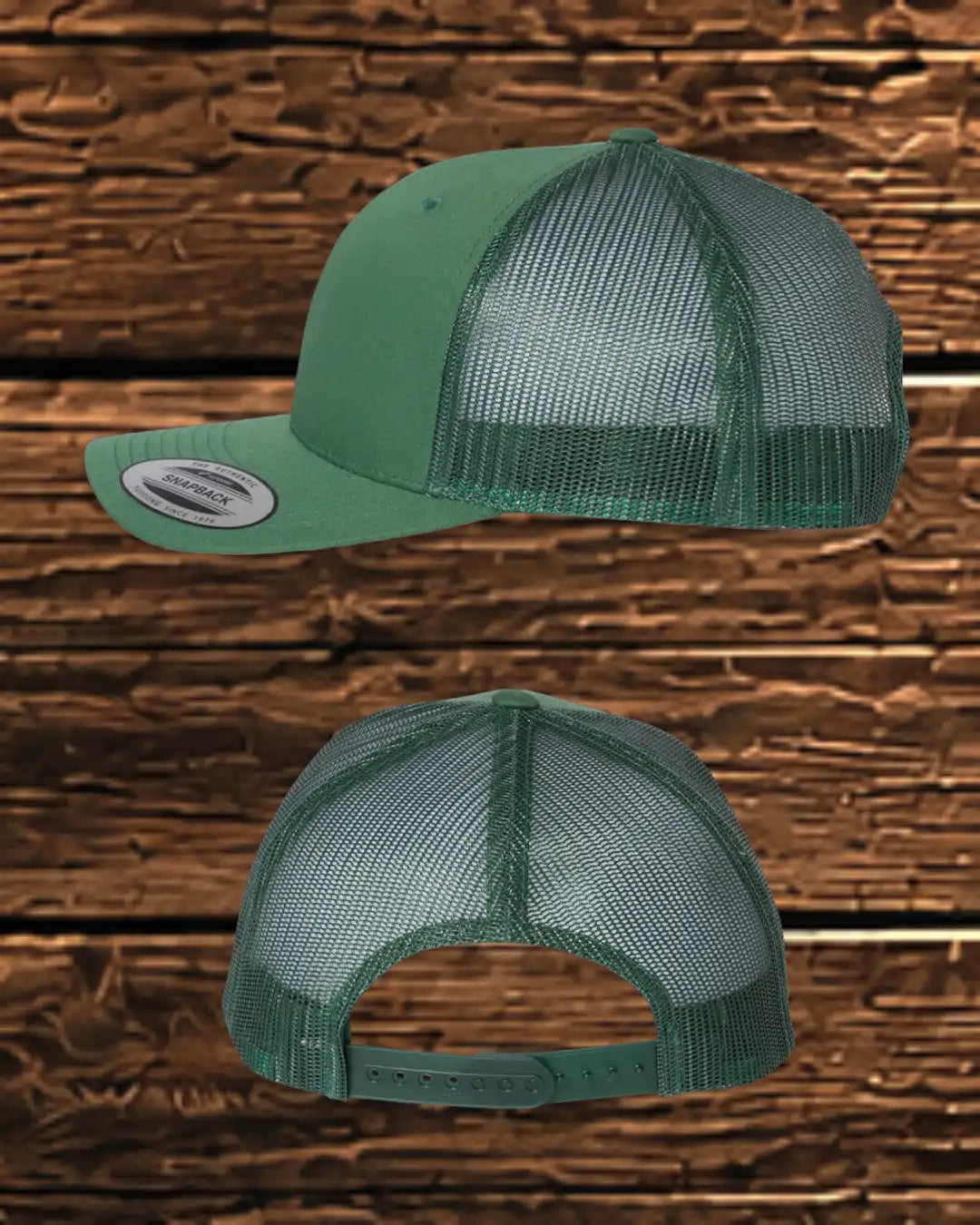 A green trucker-style baseball cap shown from both the front-three-quarter and back views against a rustic brown wood plank background.