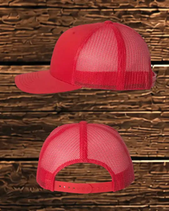 A red trucker-style baseball cap shown from two angles against a rustic wooden plank background. The top view shows the front and side profile, while the bottom view shows the back mesh and snap closure.