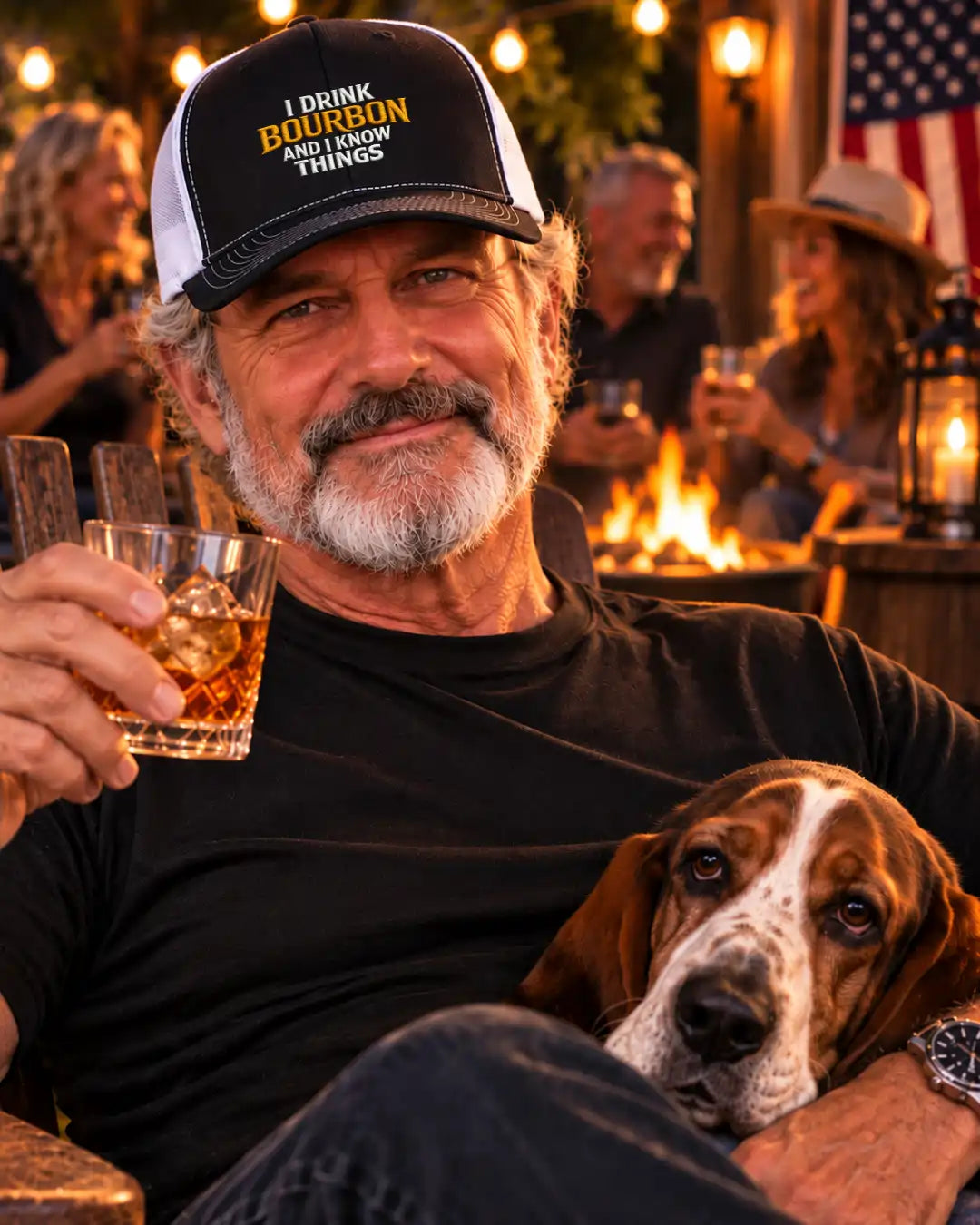 A black and white trucker hat with the text 'I DRINK BOURBON AND I KNOW THINGS' embroidered on the front