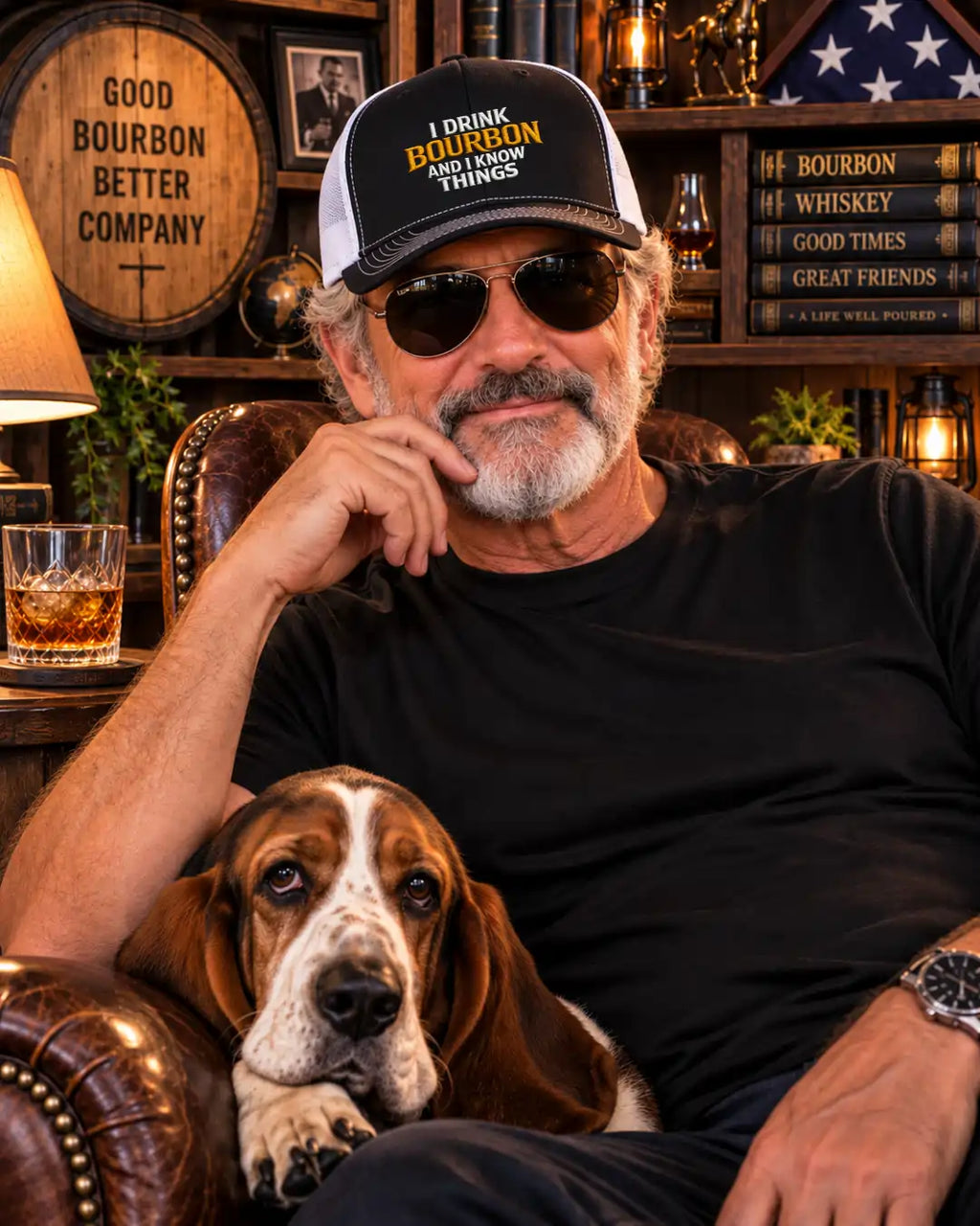 bourbon hat, A black and white trucker hat with the text 'I DRINK BOURBON AND I KNOW THINGS' embroidered on the front