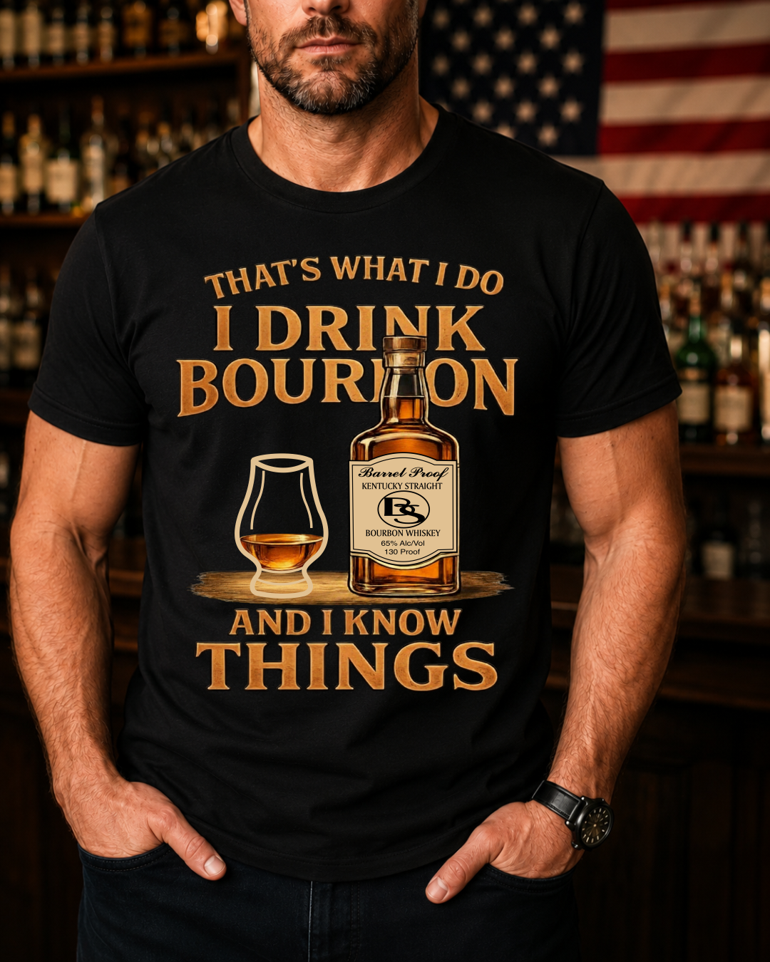 Person wearing a black t-shirt with a bourbon graphic and text in a bar setting.