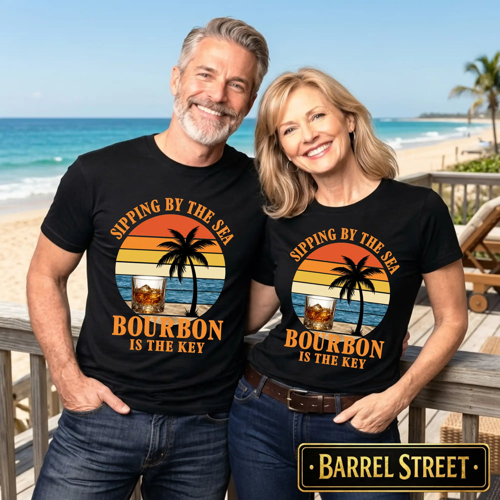 Two people wearing matching black t-shirts with a beach scene and 'Bourbon is the Key' text, standing on a beach.