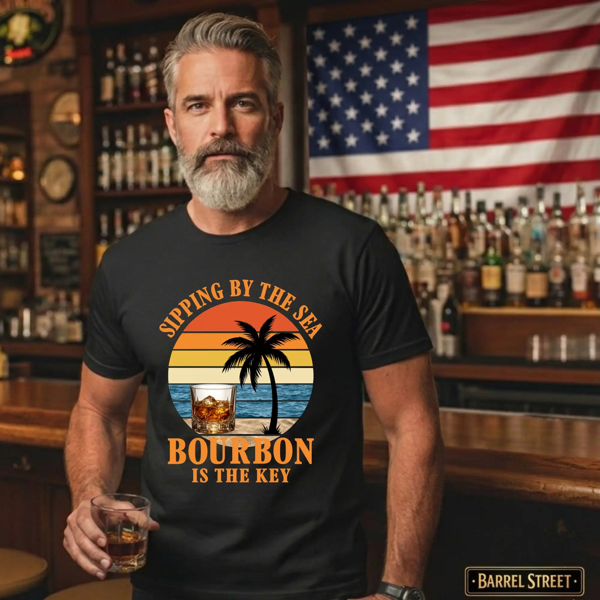 Man wearing a t-shirt with a Bourbon-themed design in a bar setting.