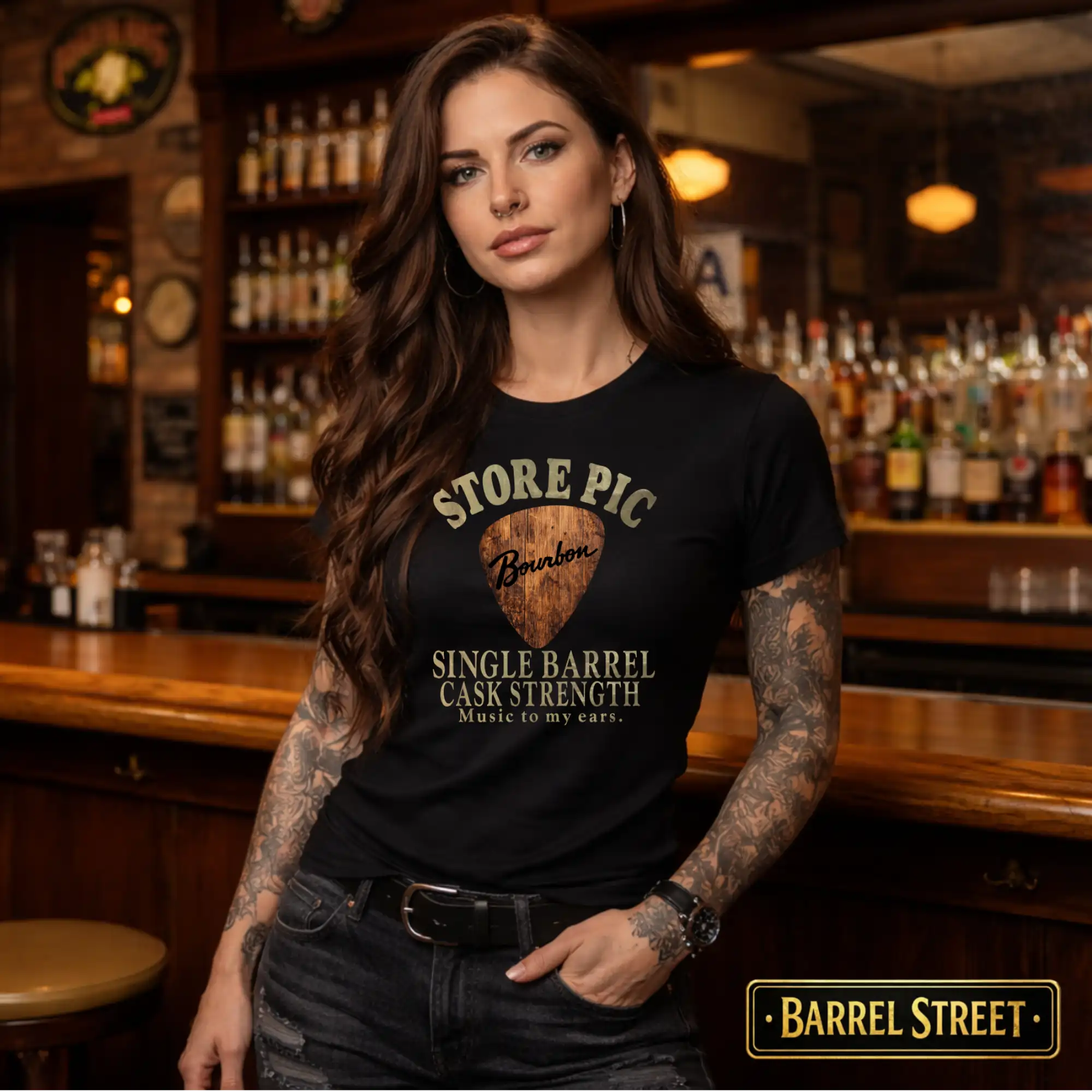 front black tee female loves bourbon and music