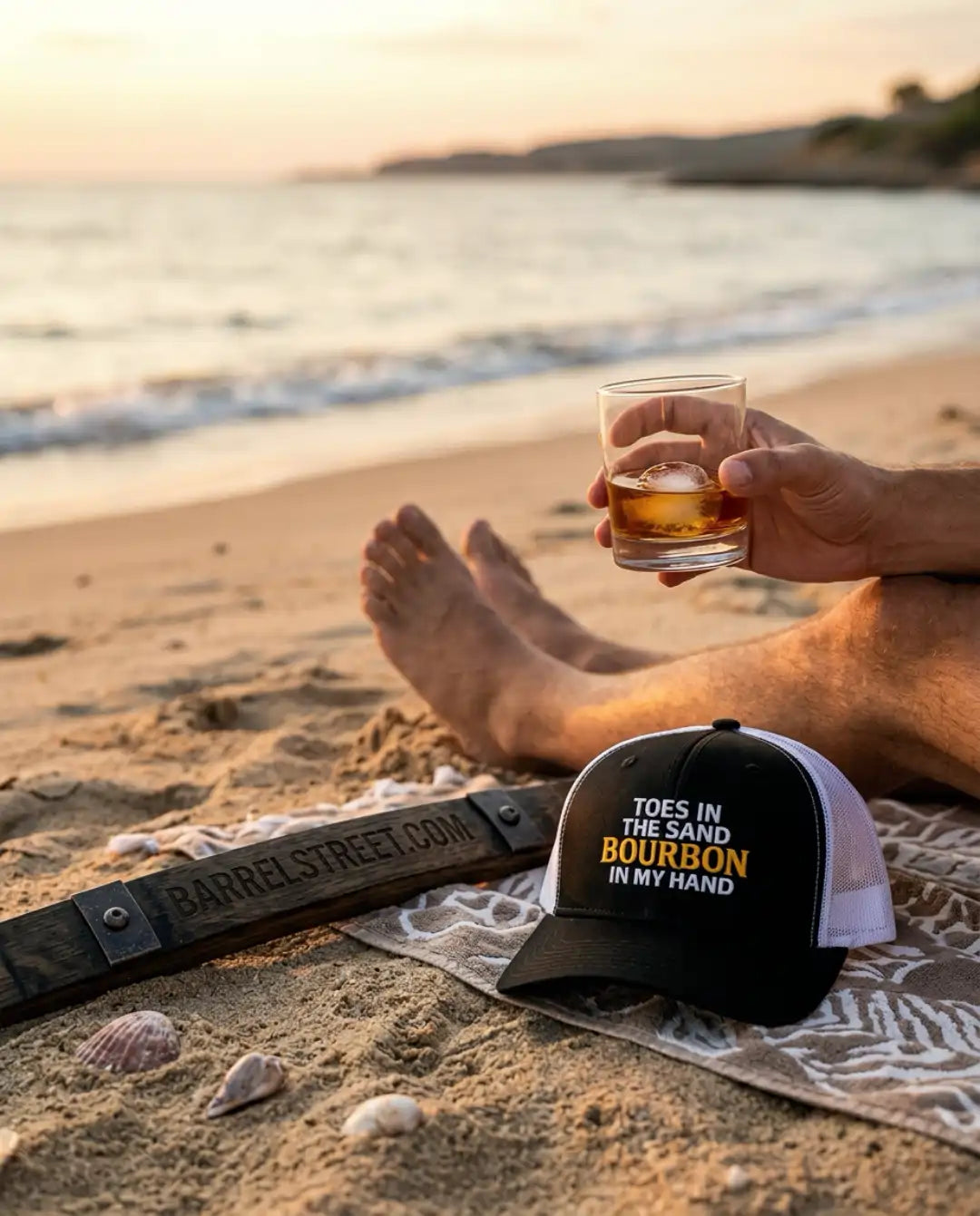 toes in the sand bourbon in my hand, bourbon hat, whiskey hat