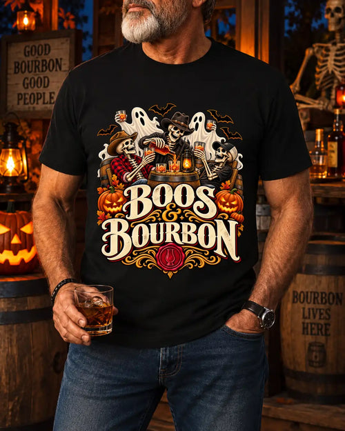 A man wearing a black graphic t-shirt with a Halloween-themed design featuring skeletons, ghosts, pumpkins, and the text 'Boos & Bourbon'. The background is a dimly lit, rustic Halloween-themed room with barrels, lanterns, and skeletons.