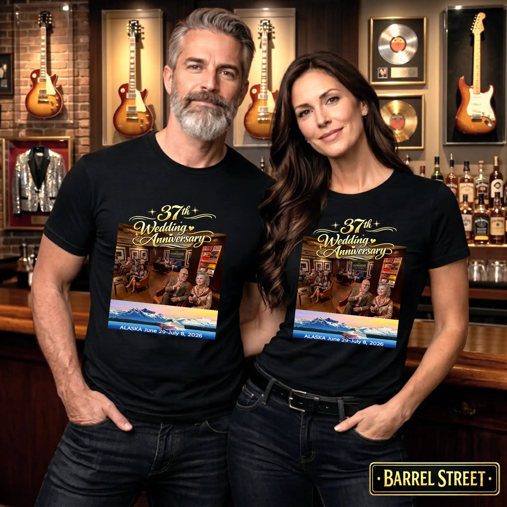 Man and woman wearing matching black t-shirts with a '97th Wedding Anniversary' design in a bar setting.