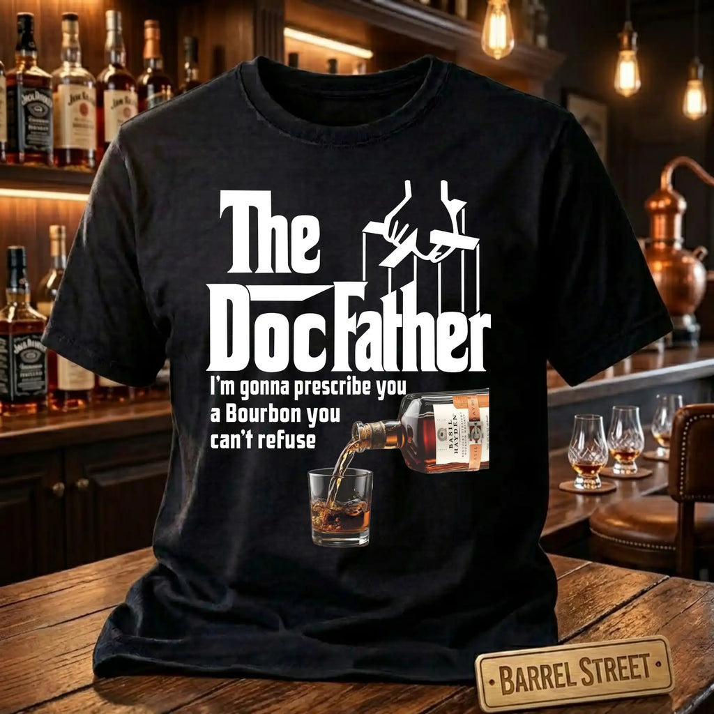 Black t-shirt with 'The Doc Father' design in a bar setting