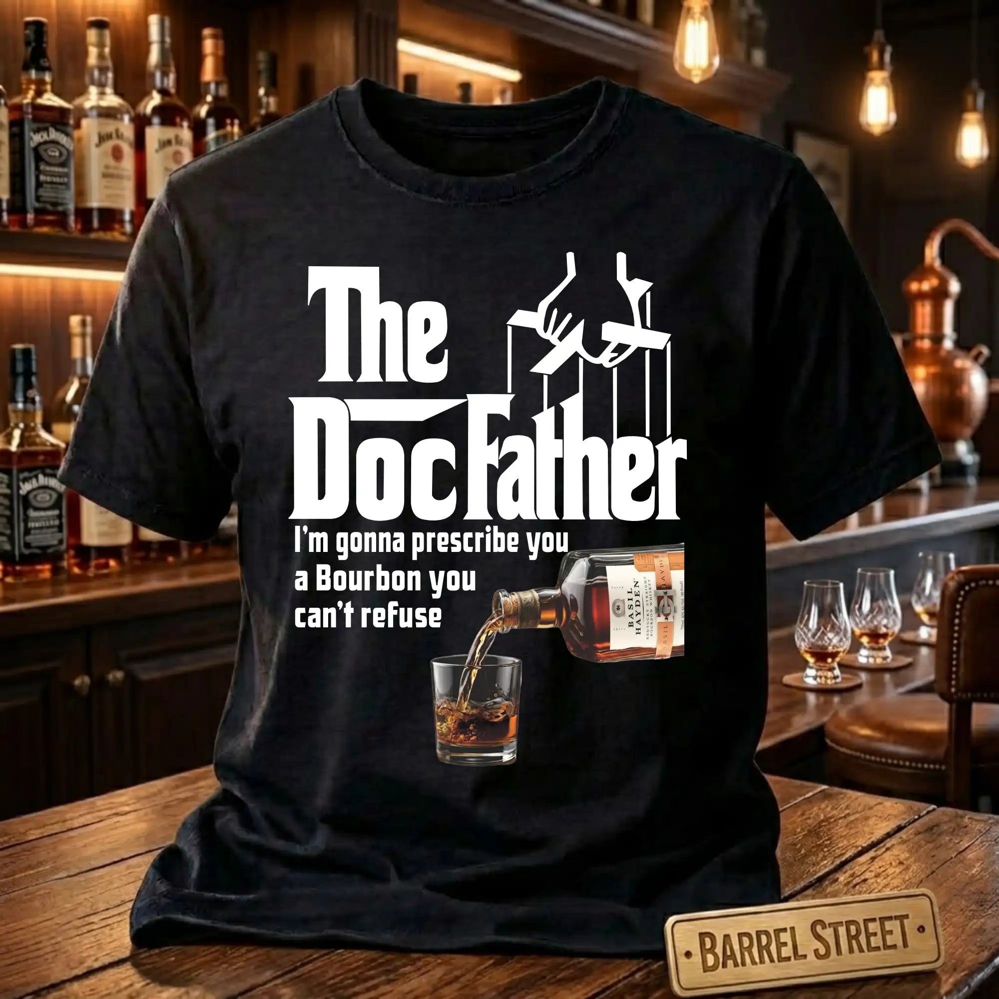 Black t-shirt with 'The Doc Father' design in a bar setting