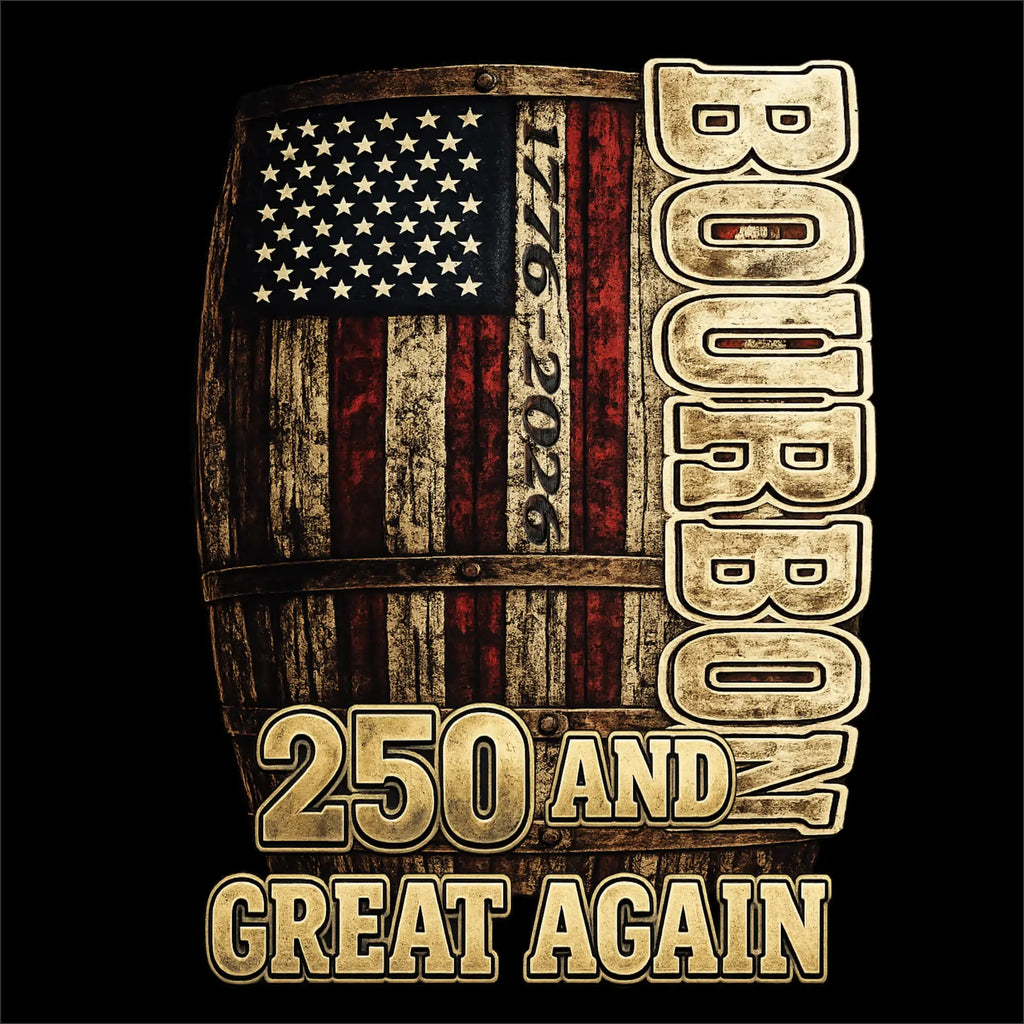 Wooden barrel with American flag design and text 'Bourbon 250 and Great Again' on a black background